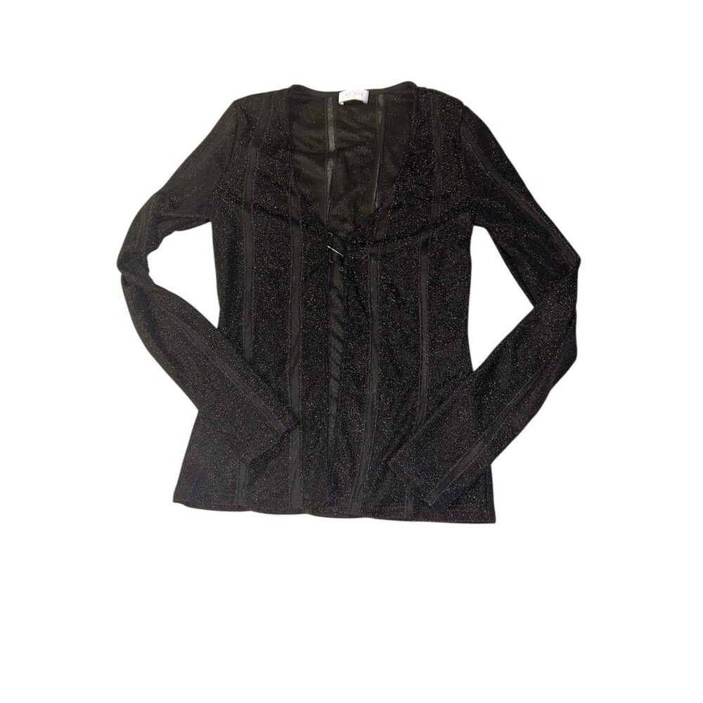 Meshki Womens Top Mesh Stripe‎ Black Metallic Shimmer Cardi Long Sleeve M